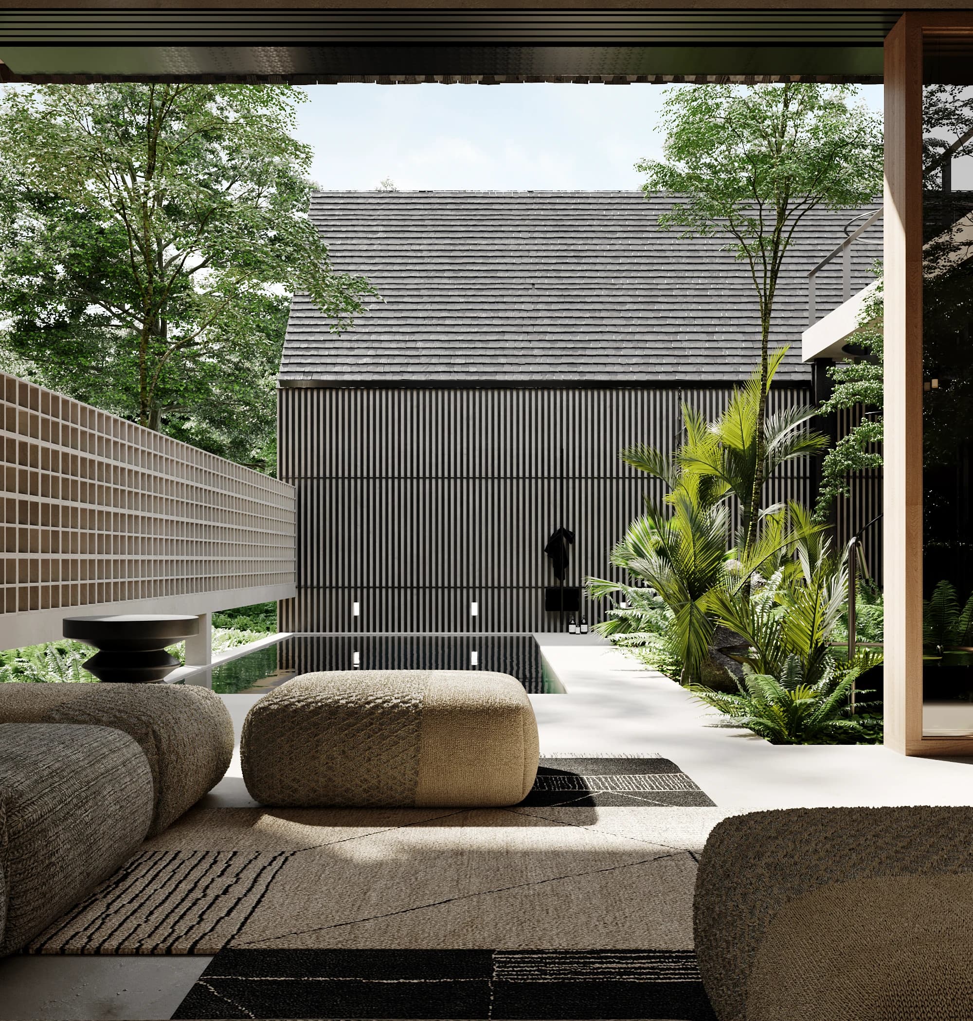 Modern sculptural wooden chair in a bright minimalist concrete studio with soft directional light casting long shadows